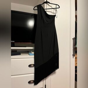 Hutch Asymmetrical Elegant Black One-Shoulder Dress with Fringe